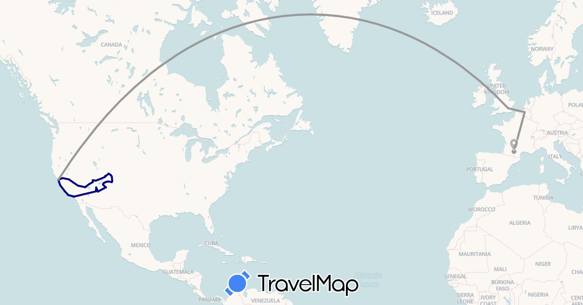 TravelMap itinerary: driving, plane in Belgium, France, United Kingdom, United States (Europe, North America)